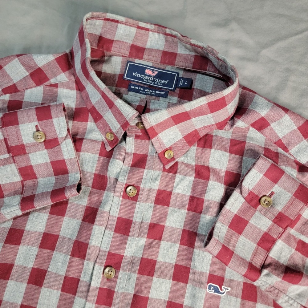 Vineyard Vines Slim Fit Whale Shirt Mens Large Red Grey Gingham Button Down